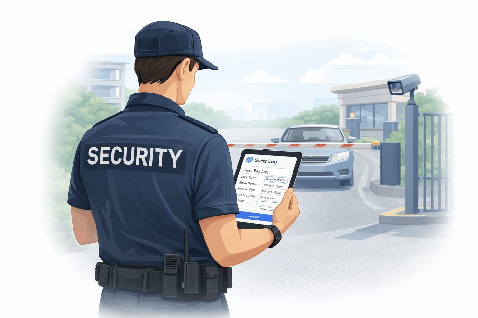 GateLog security officer using a tablet at a gated entrance