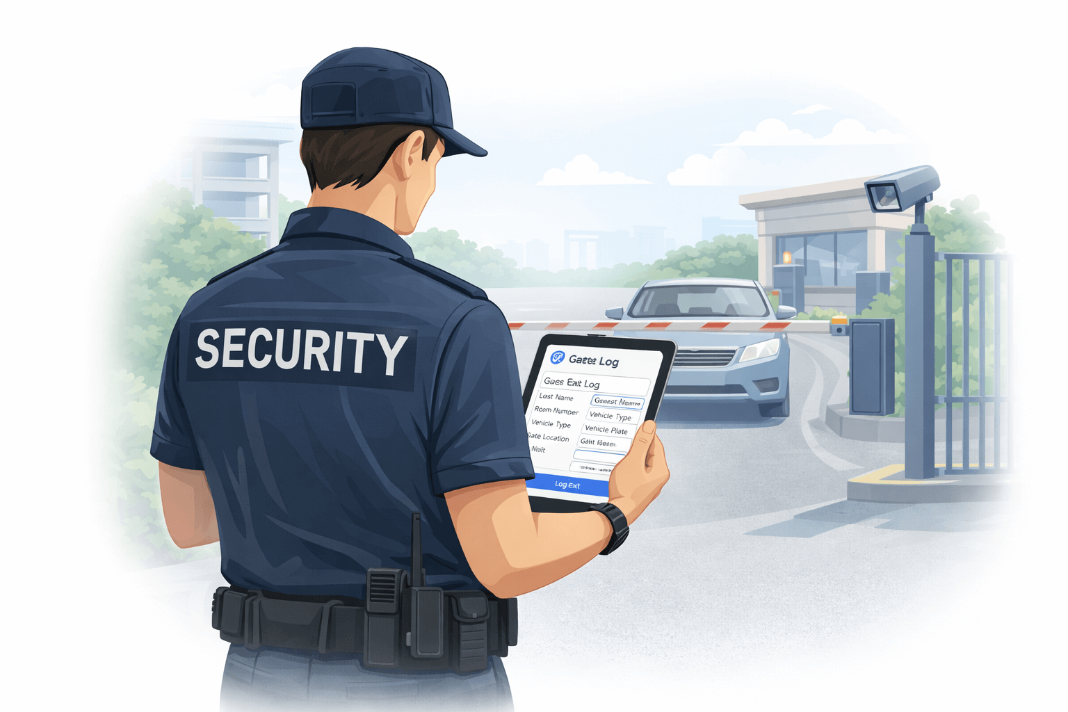 Security officer recording gate access on a tablet
